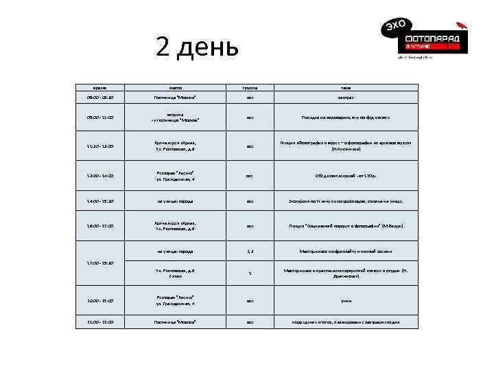 2 день время место группа тема 08: 00 - 08: 30 Гостиница 