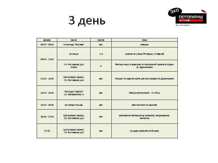 3 день время место группа тема 08: 00 - 08: 30 Гостиница 