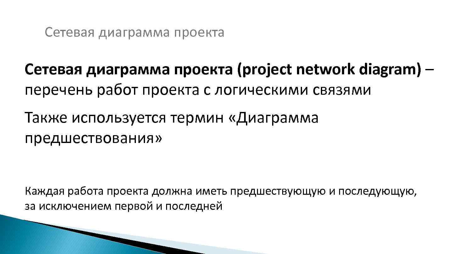 Сетевая диаграмма проекта (project network diagram) – перечень работ проекта с логическими связями Также