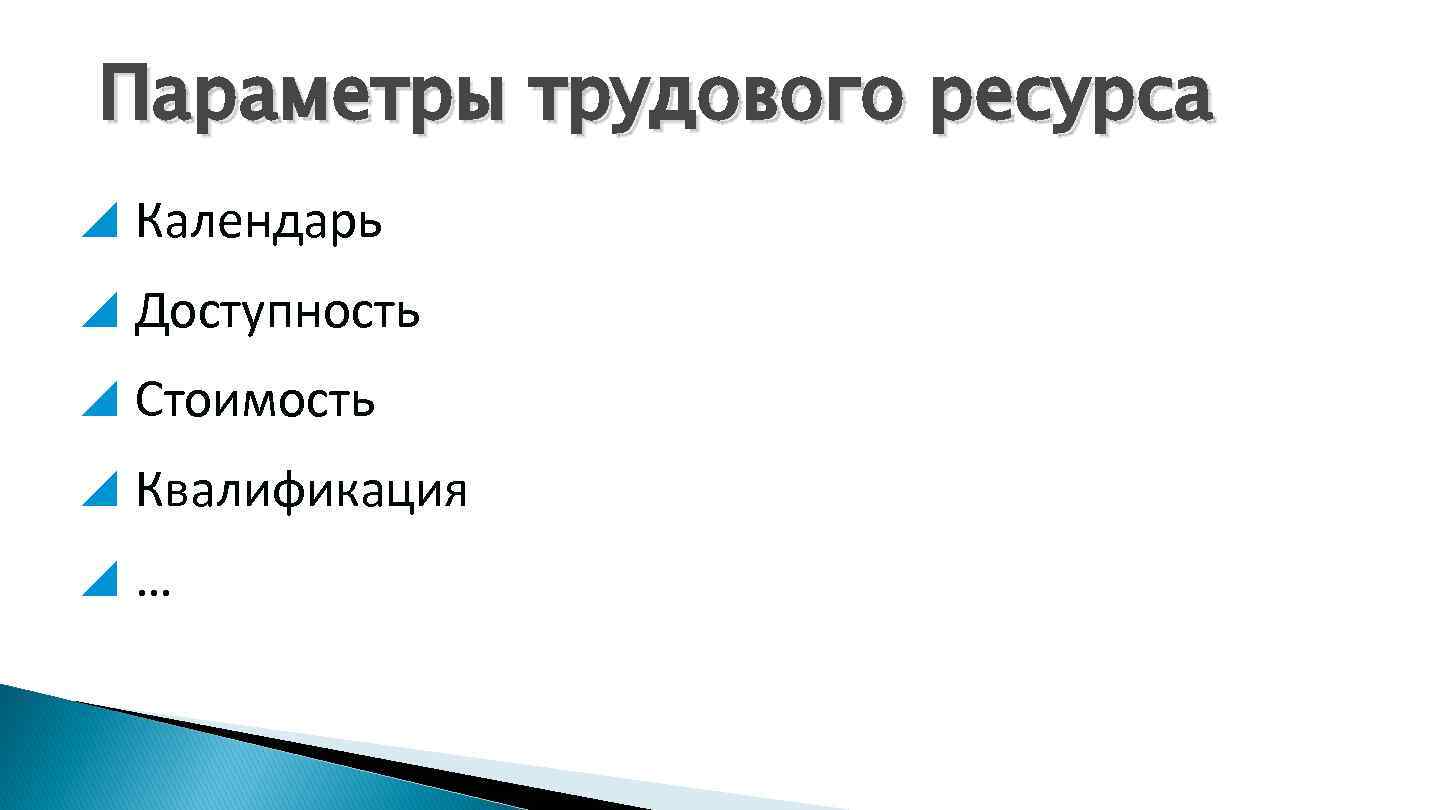 Параметры трудового ресурса Календарь Доступность Стоимость Квалификация … 