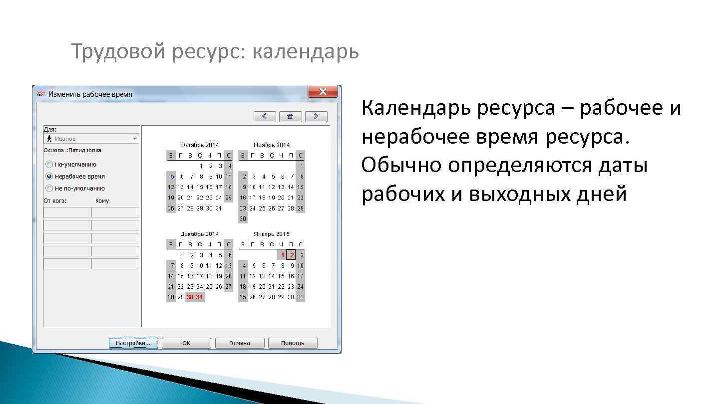 Трудовой ресурс: календарь Календарь ресурса – рабочее и нерабочее время ресурса. Обычно определяются даты