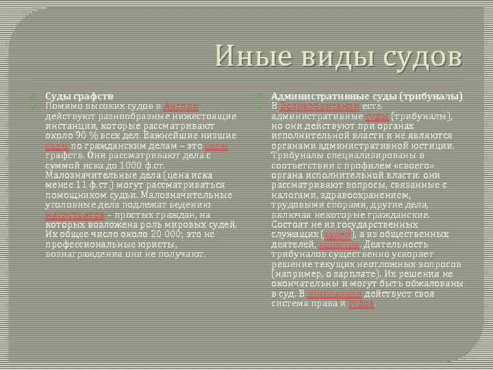 Иные виды судов Суды графств Помимо высоких судов в Англии действуют разнообразные нижестоящие инстанции,