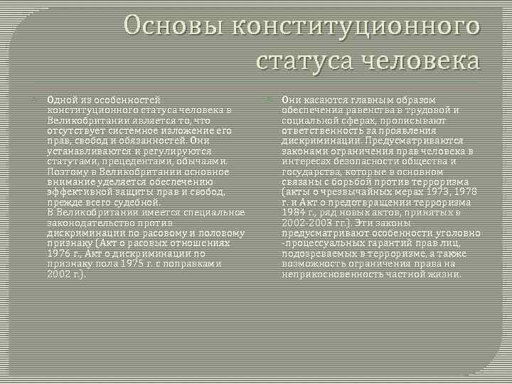 Основы конституционного статуса человека Одной из особенностей конституционного статуса человека в Великобритании является то,