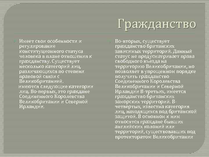 Гражданство Имеет свои особенности и регулирование конституционного статуса человека в плане отношения к гражданству.