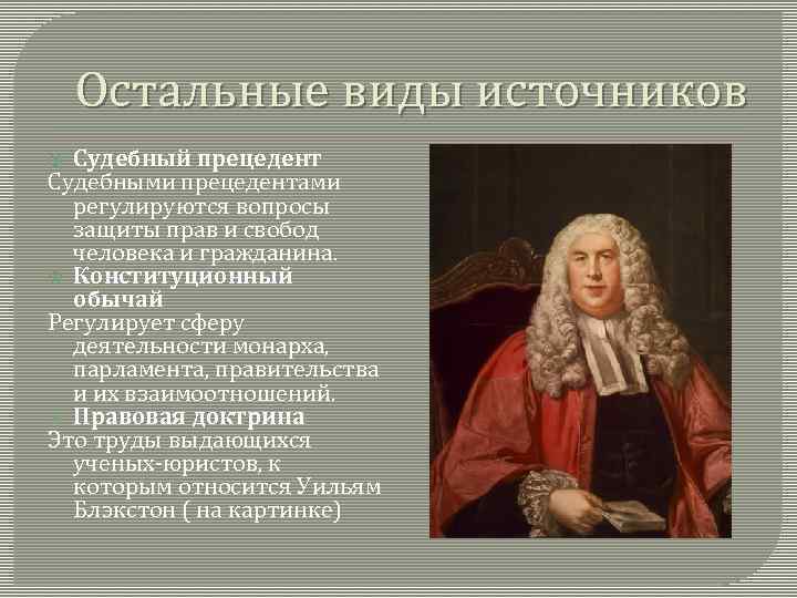 Остальные виды источников Судебный прецедент Судебными прецедентами регулируются вопросы защиты прав и свобод человека