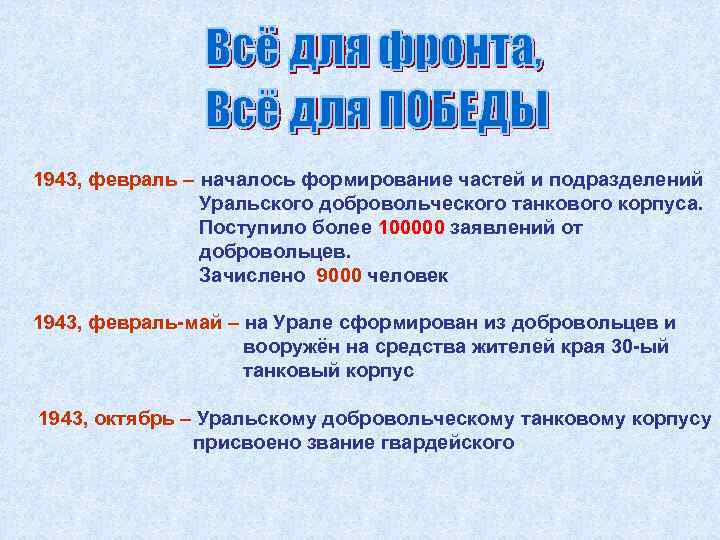 1943, февраль – началось формирование частей и подразделений Уральского добровольческого танкового корпуса. Поступило более