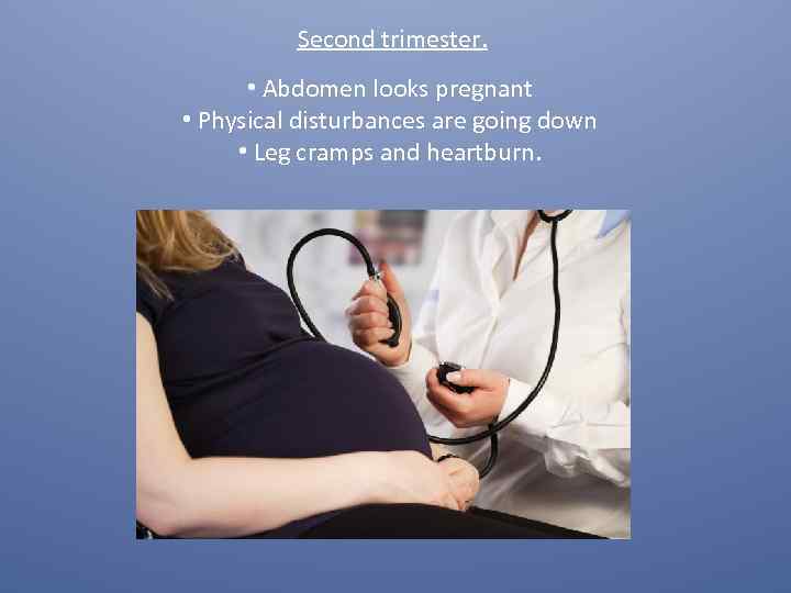 Second trimester. • Abdomen looks pregnant • Physical disturbances are going down • Leg