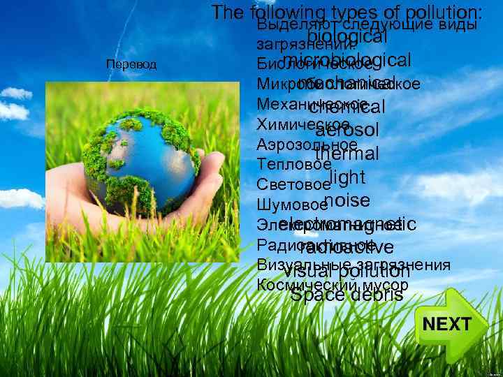 Перевод The following types of pollution: Выделяют следующие виды biological загрязнений: microbiological Биологическое Микробиологическое