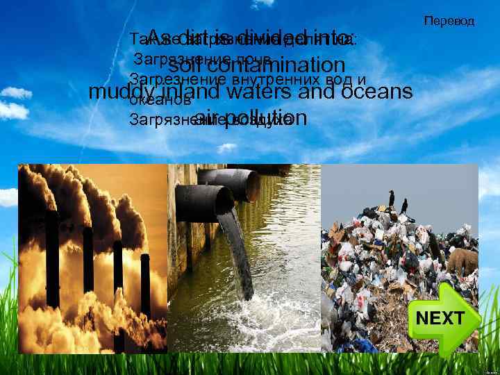 Так же загрязнения делят на: As dirt is divided into: Загрязнение почв soil contamination