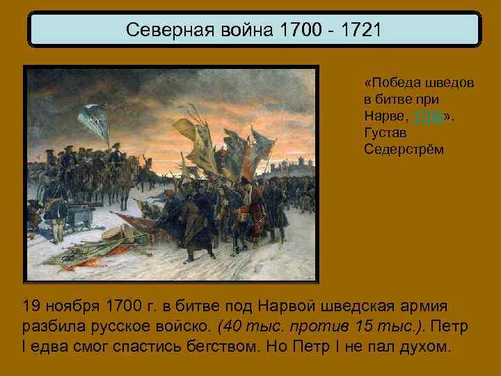 Северная война 1700 - 1721 «Победа шведов в битве при Нарве, 1700» . Густав