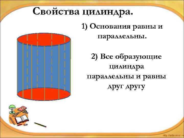 Свойства цилиндра. 1) Основания равны и параллельны. 2) Все образующие цилиндра параллельны и равны