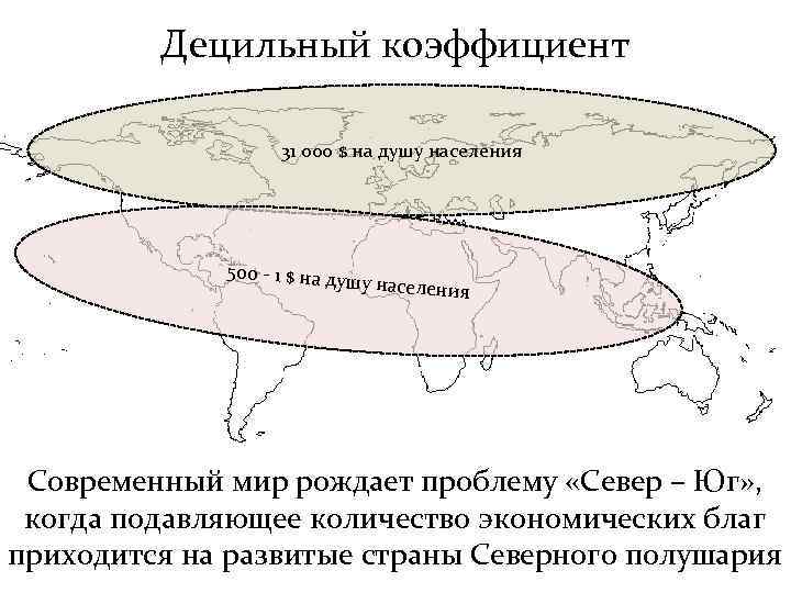 Децильный коэффициент 31 000 $ на душу населения 500 - 1 $ на ду