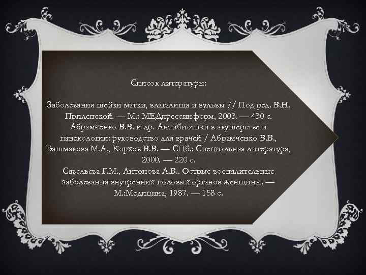Список литературы: Заболевания шейки матки, влагалища и вульвы // Под ред. В. Н. Прилепской.