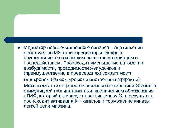 l Медиатор нервно-мышечного синапса – ацетилхолин действует на М 2 холинорецепторы. Эффект осуществляется с