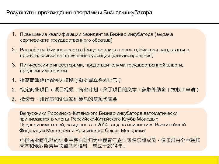 Результаты прохождения программы Бизнес-инкубатора 1. Повышение квалификации резидентов Бизнес-инкубатора (выдача сертификата государственного образца) 2.