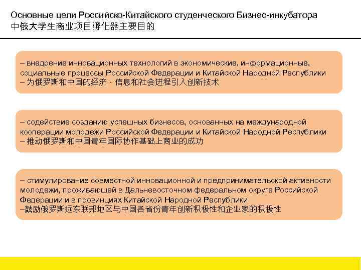 Основные цели Российско-Китайского студенческого Бизнес-инкубатора 中俄大学生商业项目孵化器主要目的 – внедрение инновационных технологий в экономические, информационные, социальные
