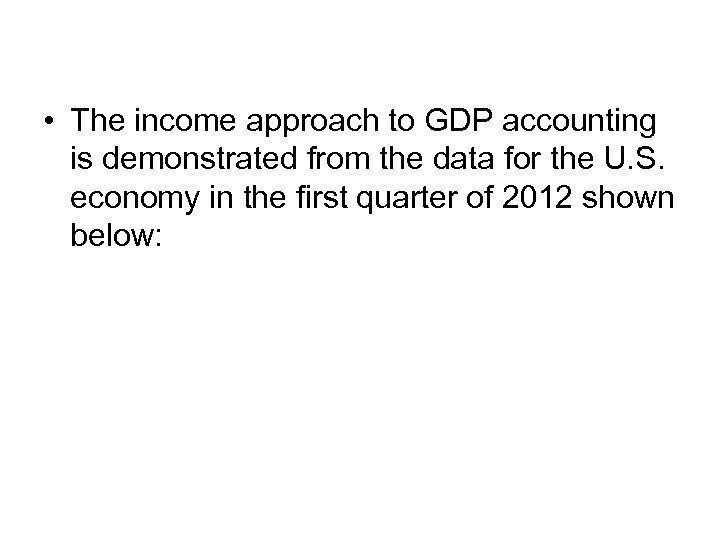 • The income approach to GDP accounting is demonstrated from the data for