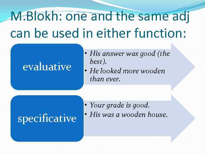 M. Blokh: one and the same adj can be used in either function: evaluative
