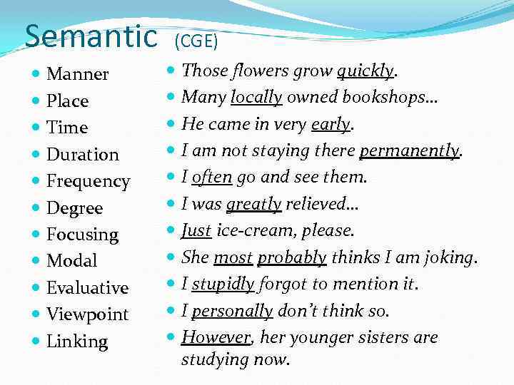 Semantic Manner Place Time Duration Frequency Degree Focusing Modal Evaluative Viewpoint Linking (CGE) Those
