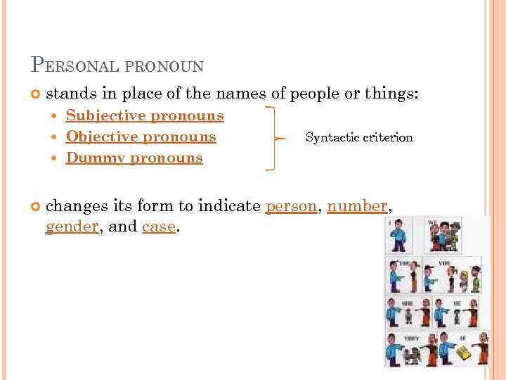 PERSONAL PRONOUN stands in place of the names of people or things: Subjective pronouns