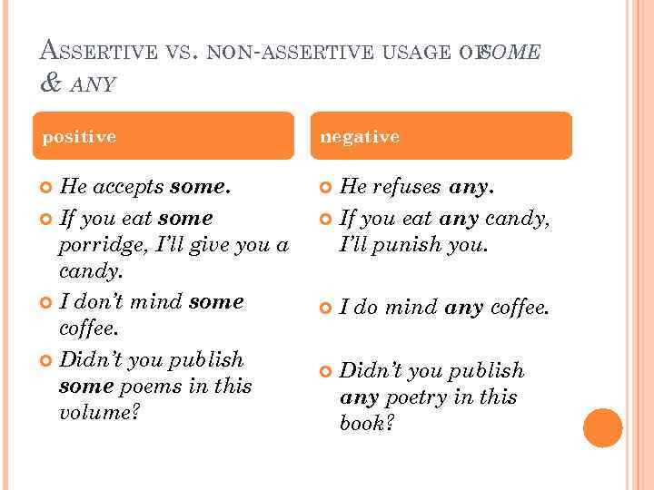 ASSERTIVE VS. NON-ASSERTIVE USAGE OF SOME & ANY positive negative He accepts some. If