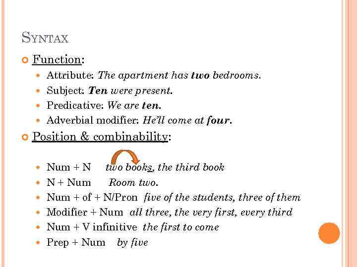 SYNTAX Function: Attribute: The apartment has two bedrooms. Subject: Ten were present. Predicative: We