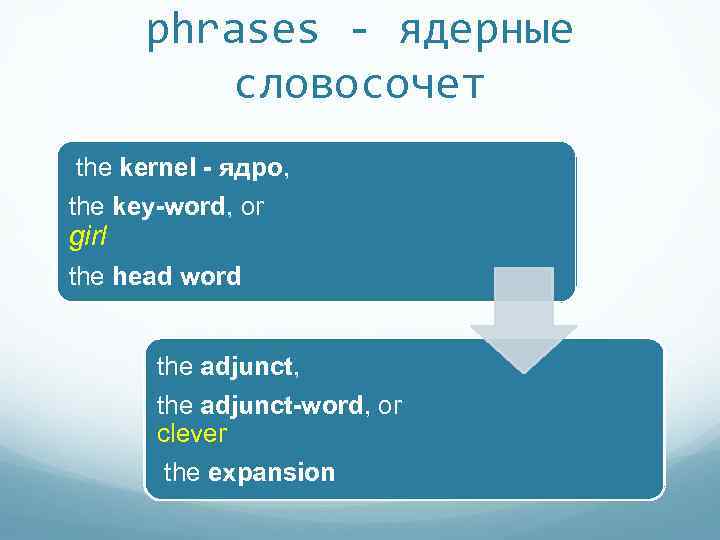 phrases - ядерные словосочет the kernel - ядро, the key-word, or girl the head