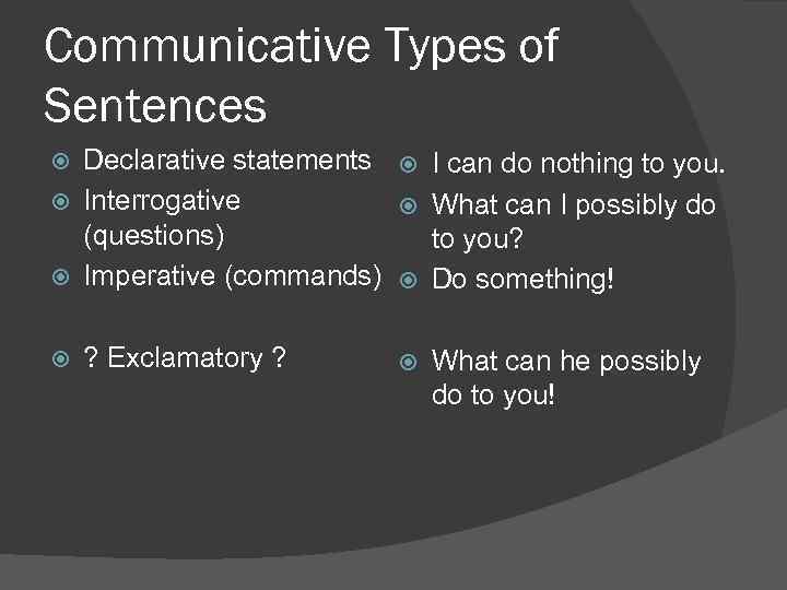 Communicative Types of Sentences Declarative statements I can do nothing to you. Interrogative What