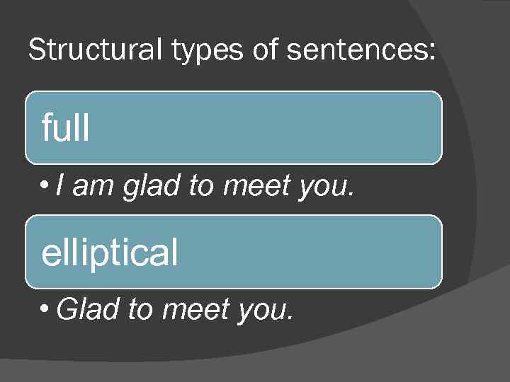 Structural types of sentences: full • I am glad to meet you. elliptical •