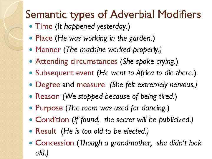 Different again перевод. Adverbial modifier в английском. Types of adverbial modifiers. Modifiers в английском языке. Modifiers примеры.