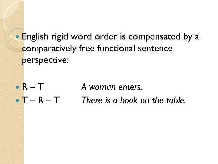  English rigid word order is compensated by a comparatively free functional sentence perspective: