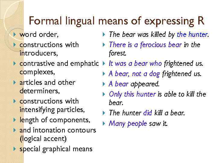 Formal lingual means of expressing R word order, constructions with introducers, contrastive and emphatic