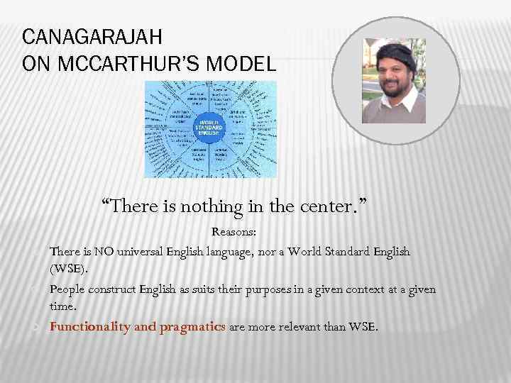 CANAGARAJAH ON MСCARTHUR’S MODEL “There is nothing in the center. ” Reasons: There is