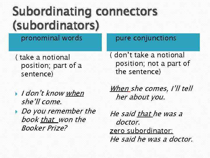 Subordinating connectors (subordinators) pronominal words ( take a notional position; part of a sentence)