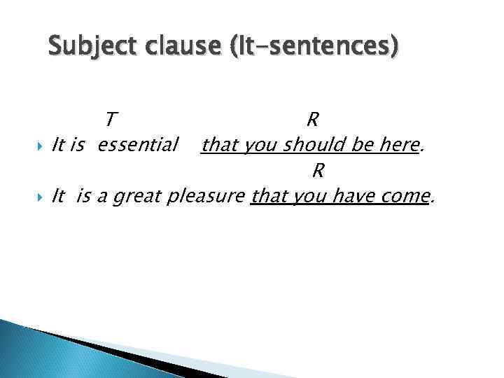Subject clause (It-sentences) T It is essential R that you should be here. R