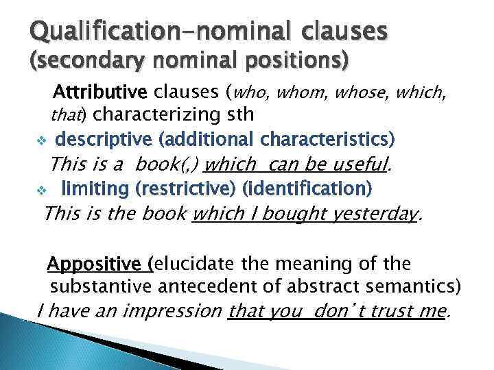 Qualification-nominal clauses (secondary nominal positions) Attributive clauses (who, whom, whose, which, that) characterizing sth