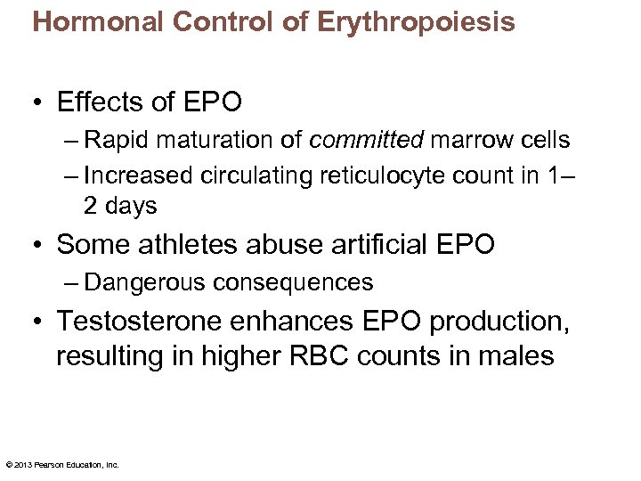 Hormonal Control of Erythropoiesis • Effects of EPO – Rapid maturation of committed marrow