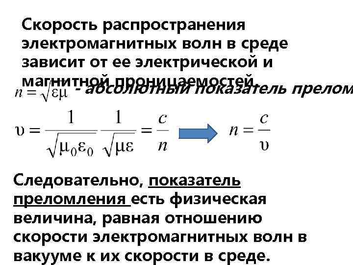 Скорость распространения электромагнитных волн в среде зависит от ее электрической и магнитной проницаемостей. -