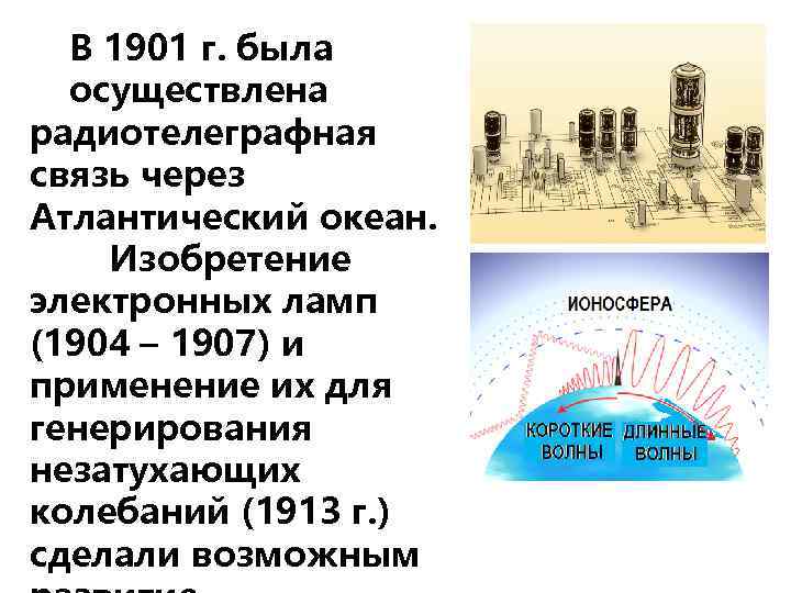 В 1901 г. была осуществлена радиотелеграфная связь через Атлантический океан. Изобретение электронных ламп (1904