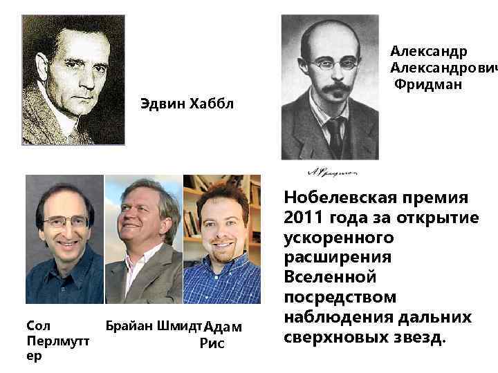 Александрович Фридман Эдвин Хаббл Сол Перлмутт ер Брайан Шмидт Адам Рис Нобелевская премия 2011