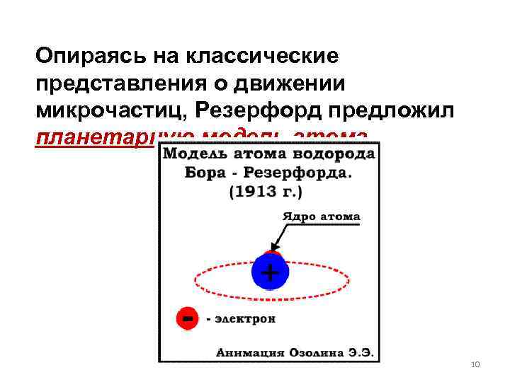 Опираясь на классические представления о движении микрочастиц, Резерфорд предложил планетарную модель атома. 10 
