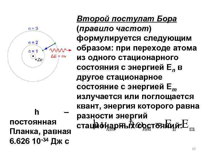 Второй постулат Бора (правило частот) формулируется следующим образом: при переходе атома из одного стационарного