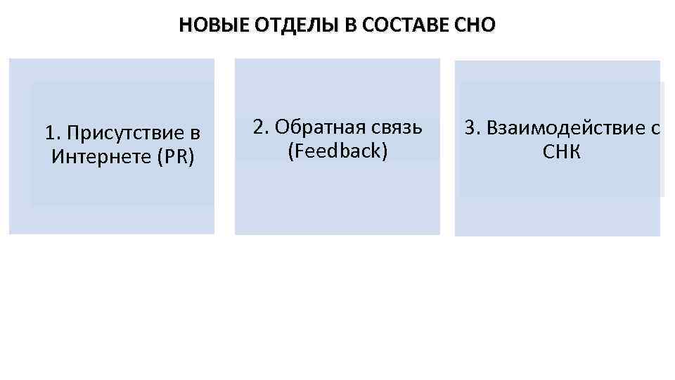 НОВЫЕ ОТДЕЛЫ В СОСТАВЕ СНО 1. Присутствие в Интернете (PR) 2. Обратная связь (Feedback)