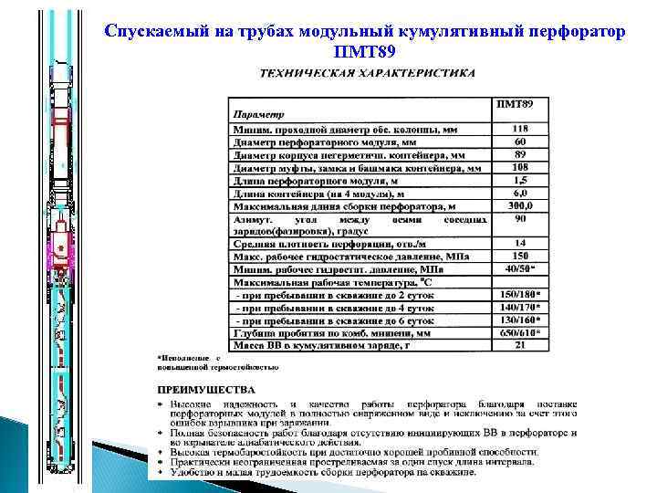 Спускаемый на трубах модульный кумулятивный перфоратор ПМТ 89 