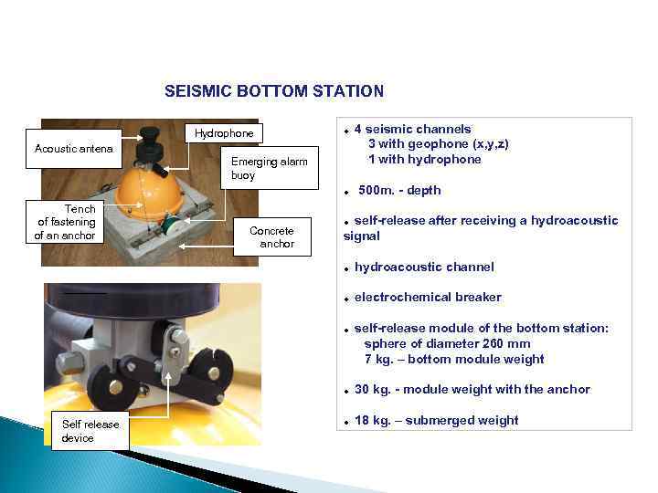 SEISMIC BOTTOM STATION Hydrophone Acoustic antena Emerging alarm buoy Tench of fastening of an