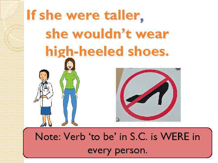 If she were taller , she wouldn’t wear high-heeled shoes. Note: Verb ‘to be’