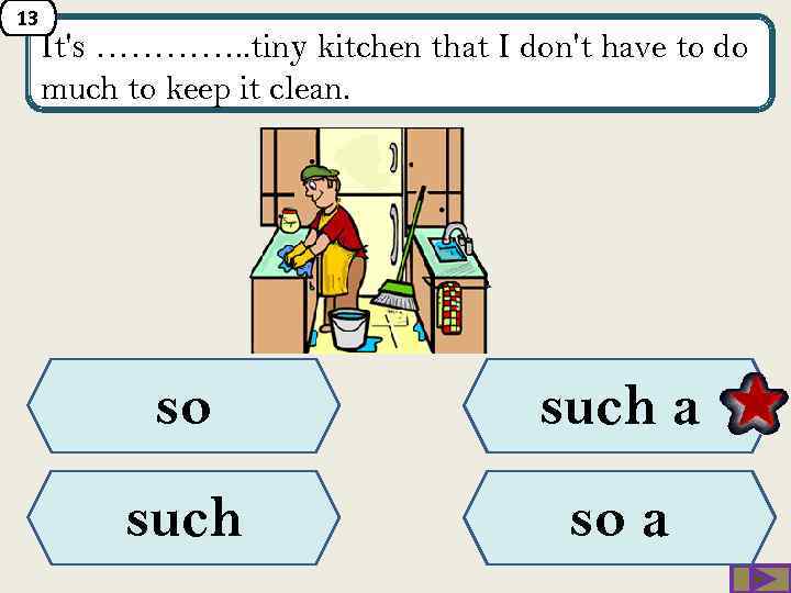 13 It's …………. . tiny kitchen that I don't have to do much to
