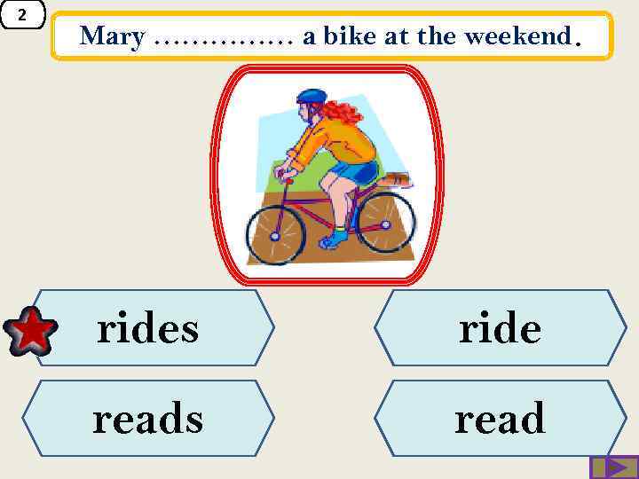2 Mary …………… a bike at the weekend. rides ride reads read 