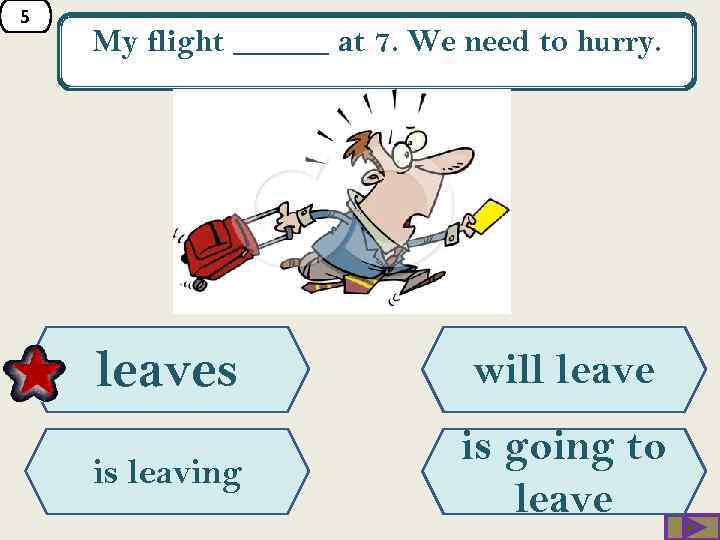 5 My flight ______ at 7. We need to hurry. leaves will leave is
