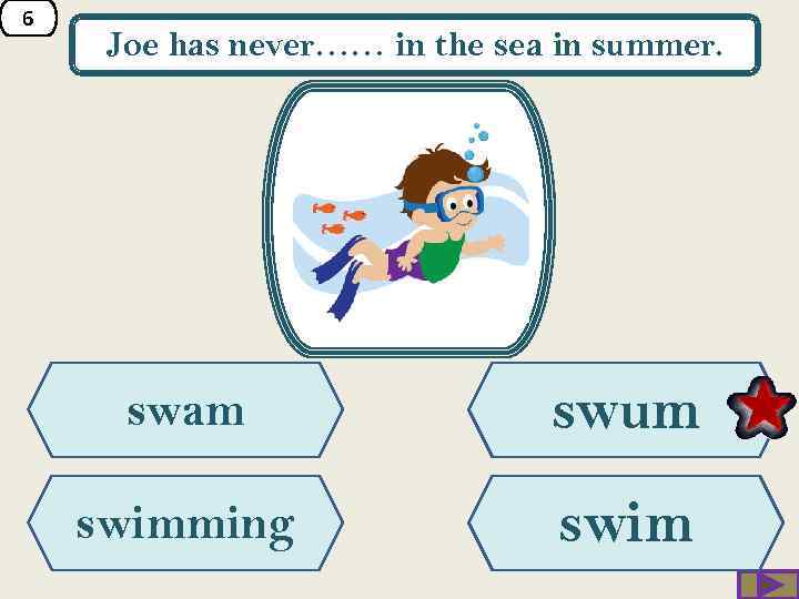 6 Joe has never…… in the sea in summer. swam swum swimming swim 
